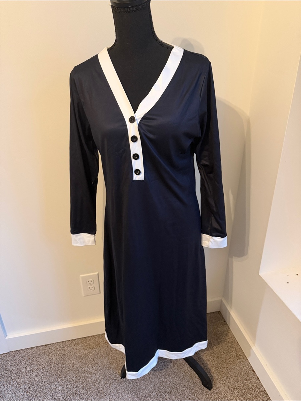 NWT Black Button-Front V-Neck Dress with White Trim
